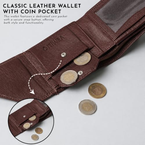Image of VEMILIO Men's Vegan Leather Wallet for Men | Edge Cut Slim Bi-Fold Gents Purse | Stylish Wallet with Coin Pocket | 3 Card Slots | ID Window & 2 Currency Compartments (Brown)