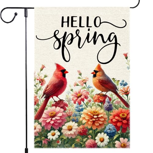Hello Spring Cardinal Garden Flag 12x18 Inch Double Sided Burlap Seasonal Wildflowers Garden Flags Outdoor Yard Lawn Rustic Farmhouse Flags