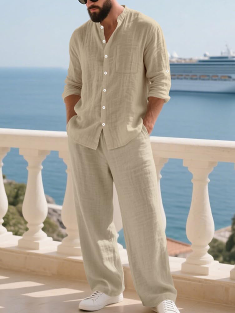 Homme Ensemble en Lin 2 Pièce Chemises Shirt à Manches Longues Pantalons Casual Vintage Survêtement Printemps Été Hauts Chemisette et Pantalon