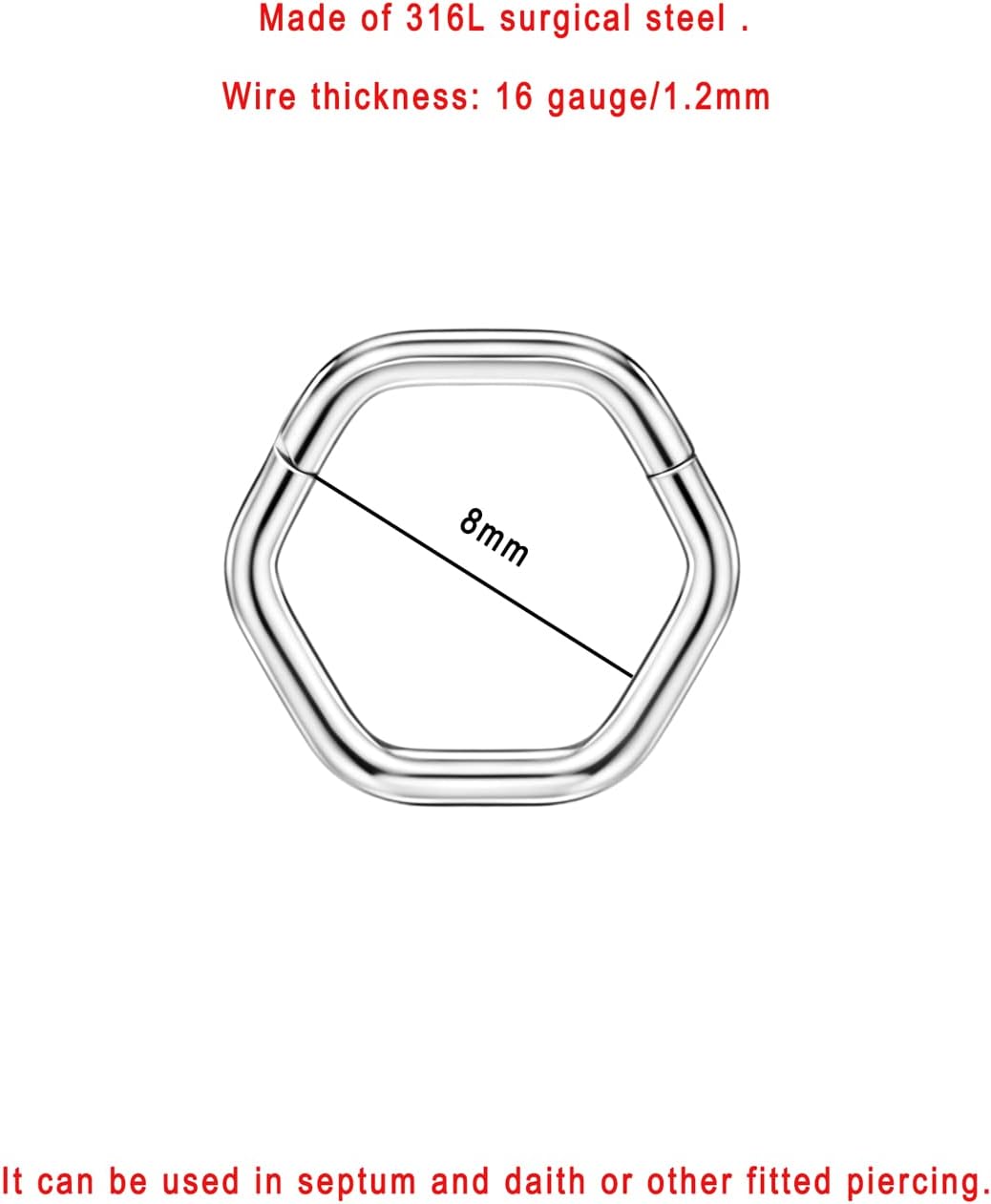 FANSING Hexagon Septum Rings 16g Septum Jewelry 8mm Septum Hoop 16 Gauge Septum Clicker Surgical Steel Septum Daith Piercing Jewelry - Image 2