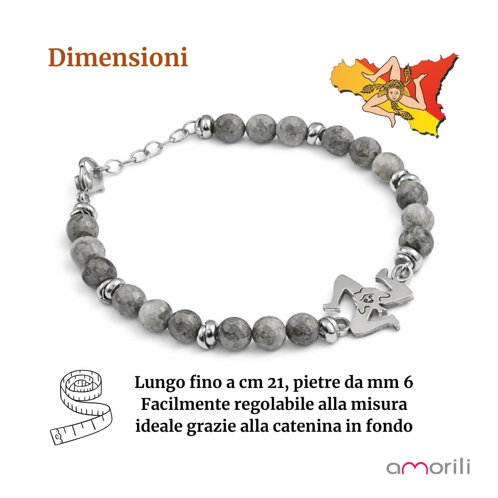 Bracciale Trinacria Uomo Donna in Acciaio Inox con Pietre Dure Vari Colori – Simbolo Sicilia Siciliano – Braccialetto Elegante