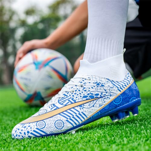 VTASQ Football Boots Boys High Top Spikes Soccer Training Shoes Cleats Profession Athletics Outdoor Competition Breathable Sneakers for Unisex 1White Blue UK 6 - Image 3