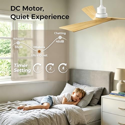 Image of Obabala Ceiling Fan 52 Inch with Remote, Solid Wood Blades DC Motor 5000 CFM Quiet 35dB, Reversible 6 Speed Modern Farmhouse for Bedroom Living Room Indoor Outdoor, No Light with Downrod