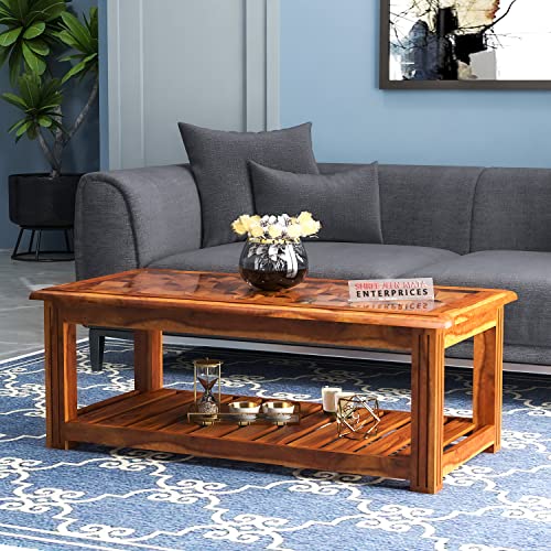 Image of Sheesham Wooden Centre Table with Storage Shelf for Living Room with Glass Top - Solid Wooden Coffee Table - Teapoy Tea Table Sofa Table & Center Table with Storage (Stern Honey)