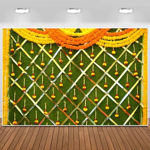 Image of India Diwali Backdrop Puja Hindu Mehndi Festival Background Ganpati Pooja Backdrop India for Bridal Shower Wedding Party Marigold Garlands Photo Props 7X5FT