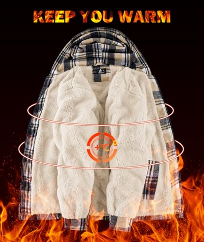 Image of Mens Plaid Hoodies Winter Zip Up Fleece Jacket Sherpa Fleece Lined Warm Flannel Jacket Coat
