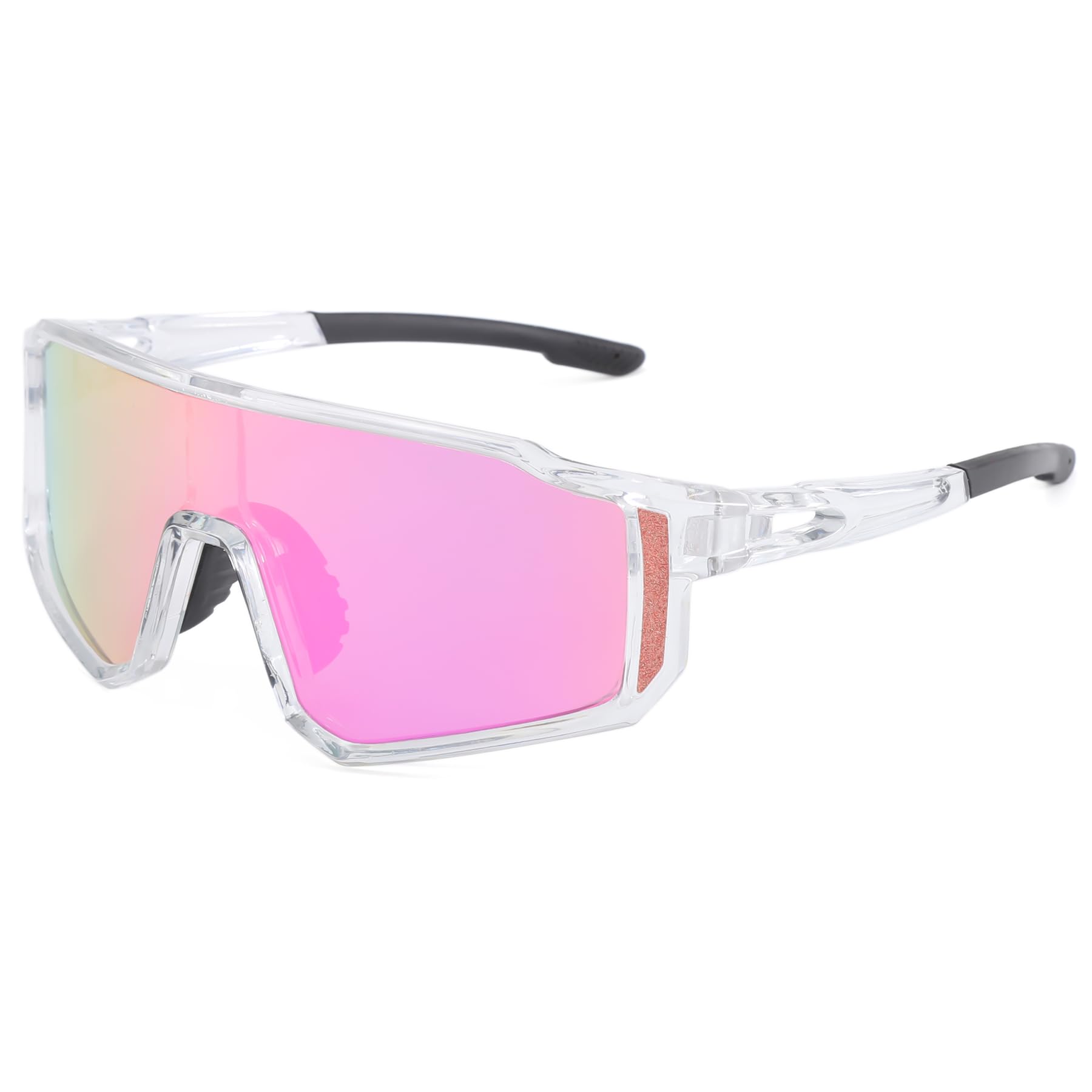 Long Keeper Cycling Glasses Sports Sunglasses for Women Men Windproof Transparent Running Sun Glasses Driving Fishing Mountain Bike Sunglasses UV400 Shades (Clear Frame - Pink Mirror Lens)