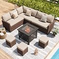 U-MAX 7 Pieces Patio Furniture Set with 30 Inch Fire Pit Table, Outdoor Sectional Sofa Conversation Set, All Weather Wicker Rattan Dining Table & Chair with Ottoman, Brown Rattan&Khaki Cushion