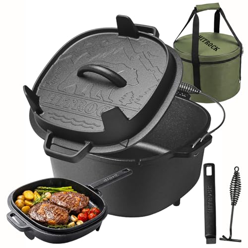 HITROCK Cast Iron Camp Dutch Oven with Legs 5QT Pre-Seasoned Camping Dutch Oven with Lid Outdoor Pot with Lid Lifter Storage Bag & Handle for Camping Baking Grilling Rounded-square Shape