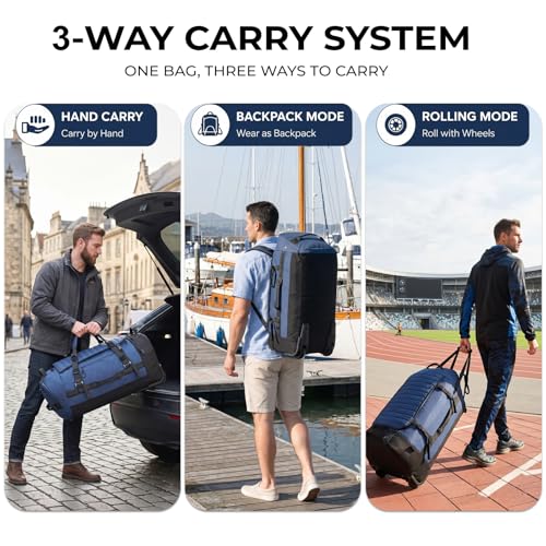 86L Foldable Rolling Duffel Backpack with Wheels - Extra Large Waterproof Travel Bag with Shoe Compartment, Heavy Duty Convertible Luggage for Outdoor, Sports, Airplane Trips - Image 3