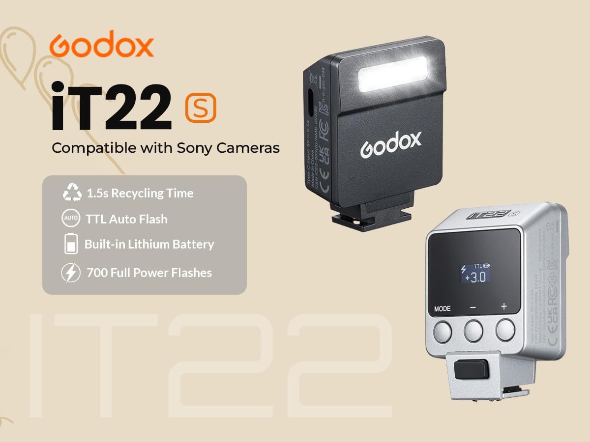 GODOX IT22 S Kamera Blitz, IT22S TTL Mini Blitzgeräte, 1,5 Sekunden Recycle-Zeit, Kompatibel mit Sony Alpha A9 III a7III a7CII a7IV a7C a7RV a7 a7SIII a6700 a6400 a6600 ZV-E10 II ZV1 a6100