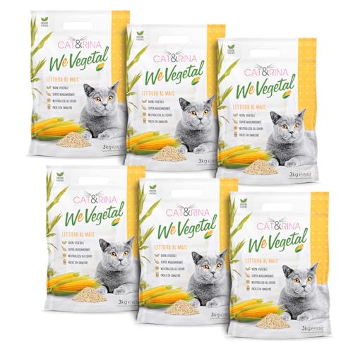 Cat&Rina WeVegetal, lettiera per gatti agglomerante. Sabbia al mais 100% di origine vegetale. Fino a 30 giorni di utilizzo. Si smaltisce nell'organico o nel wc. Confezione da 6 pacchi