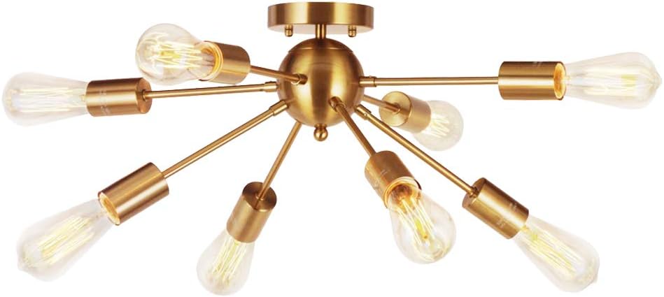 VINLUZ 8-Light Sputnik Chandelier Brushed Brass Semi Flush Mount Ceiling Light Modern Pendant Light for Kitchen Bathroom Dining Room Bed Room Hallway