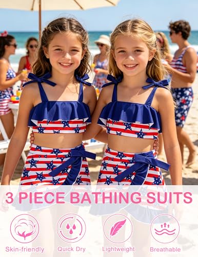 Image of ALISISTER Girls Swimsuit 3 Piece Bathing Suits Flounce Bikini Tankini Set Beach Swimwear with Cover Ups Skirt for 3-8 Years