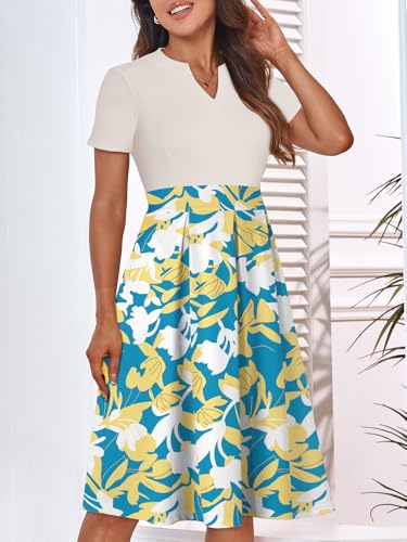 Image of YATHON Womens Elegant Print Notched Neck Slant Pocket Pleated Hem Casual A-Line Dress