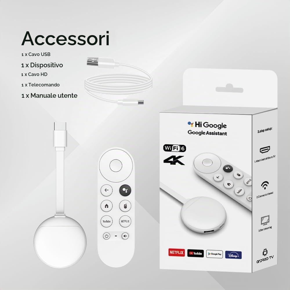 New TV Stick mit GG TV 4K Media Streamer, 4K UHD / 60Hz Ausgang, GG Voice Assistant Built-In, Dual-Band Wi-Fi 5, HDMI-Anschluss, Atmos Unterstützung, Snow Orginal TV Stick Box