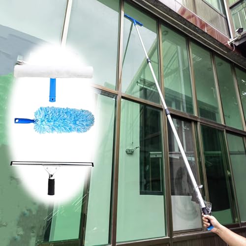 Rasqueta Limpiacristales Varilla de Limpieza de Ventanas de 3 M para Ventanas Altas, Kit de Lavado de Ventanas Extensible, Limpiador de Ventanas con Mango Largo, Juego de Limpiador de Puertas de Vidri