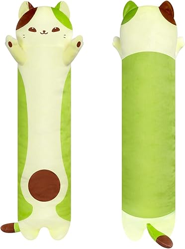 Mewaii Almohada larga de felpa con forma de gato, 44 pulgadas, lindo animal de peluche de aguacate, peluche Kawaii, almohada grande y blanda de