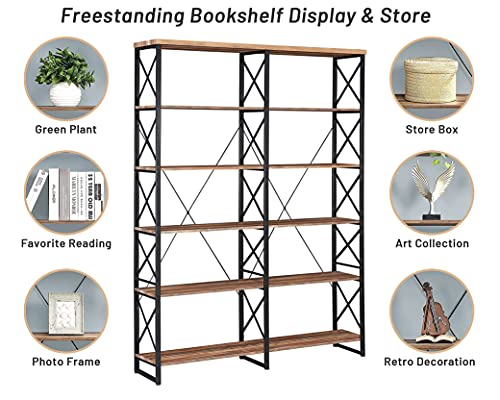 Homyshopy Double Wide 6-Tier Bookshelf 80.7” H, Industrial Display Shelves With Metal Frame, Large Bookcase For Living Room, Study And Library (Vintage Brown) #TOP3