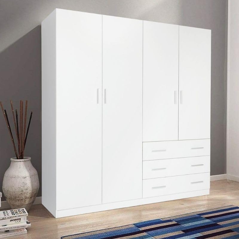 Buyqualia Armario Ropero Blanco 160x57,5x200 cm con 4 Puertas y 3 Cajones – Armario de Dormitorio Amplio y Funcional