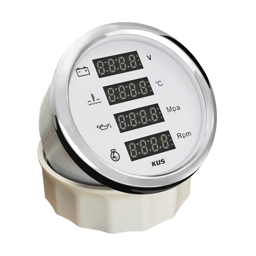 KUS Universal 85 mm digitales 4-in-1-Multifunktionsmessgerät Voltmeter Wassertemperatur Öldruck Drehzahlmesser für Boot Auto Motorrad