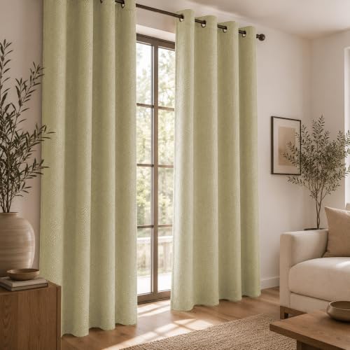 Image of LINENWALAS 100% Blackout Curtains for Door (7 Feet) - Set of 2 Panels, Herringbone Linen Texture Complete Light Block, Thermal Insulated & Noise Reducing Room Darkening Drapes (Beige)