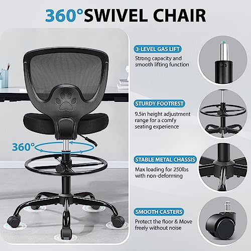 Primy Office Drafting Chair, Ergonomic Tall Desk Chair with Adjustable Height and Footrest Ring, Armless Mid-Back Standing Computer Chair Executive Rolling Breathable Mesh Chair fo image 6