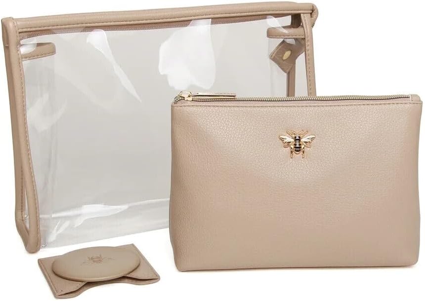 Luxury 3 Piece Beauty Bag Makeup Gift Set Travel Case Case with Round Compact Mirror in a Matching Vegan Leather Pouch., Orange, Elegant