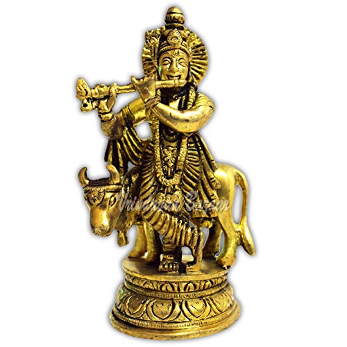 Krishna Flûte à Jouer avec Vache Statuette Décoration Inde 16,5cm