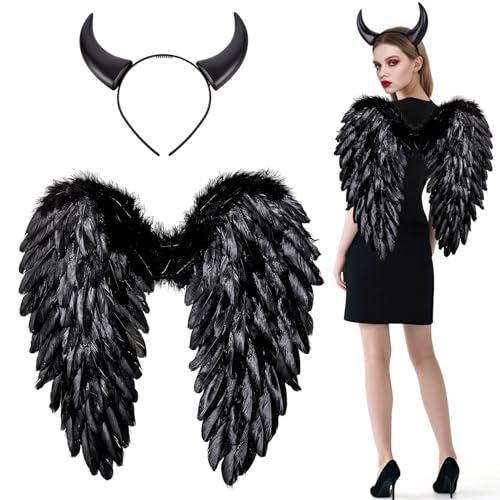 Schwarz Engelsflügel mit Teufelshörner,60 cm Halloween Engel Flügel Heiligenschein Teufel Engel...