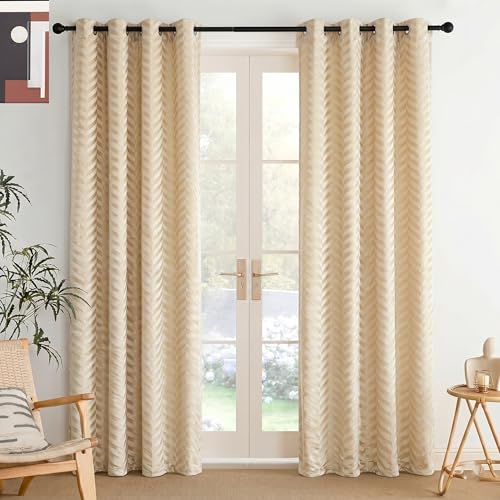 Image of IVAZA Premium Velvet Chevron Pattern 80% Blackout Curtains - Heavy Blackout Opaques,Modern Parde for Living Room Bedroom|Home Office Long Door- 10 Feet (Pack of 2) Chevron Butter Cream