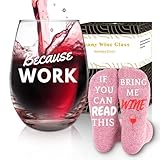 CNVOILA Because Work Funny Wine Glass with Socks - White Elephant Gifts for Adults, Coworkers - Christmas Office Wine Gifts for Women Boss Colleague Cowokers