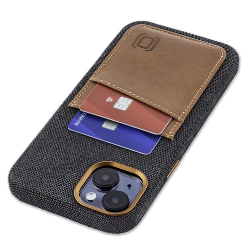 Image of Dockem Fabric Card Case for iPhone 15 Plus with Built-in Metal Plate for Magnetic Mounting, Stitched-on Genuine Leather Wallet with 2 Credit Card /ID Slots: M2F 15 Plus [Grey w /Light Brown]