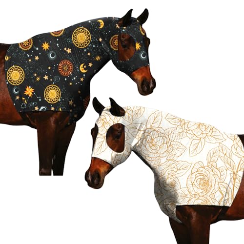 Image of Horse Slicker Hood with Zipper of 2 Set: Snug Fit, No-Ears Design, and Extra Large Eye Holes for Face, Shoulders, Mane, Chest, and Withers - Perfect for Show-L(Orange+Flower)