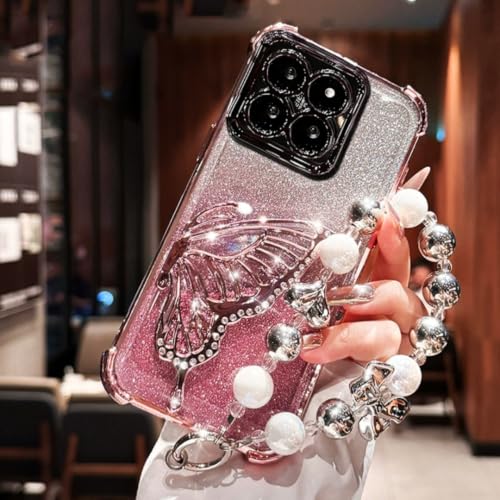 Coque iPhone 12 Pro Max antichoc avec bracelet support papillon paillettes rose