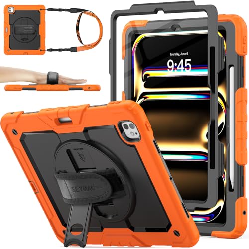 SEYMAC stock 2024年 13インチiPad Pro(M4)耐衝撃ケース 保護フィルム付き ペン収納 360°回転スタンド ハンドストラップ ショルダーストラップ 全面保護カバー iPad Pro 13 2024専用型（オレンジ）