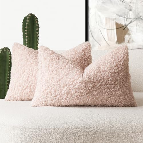 Image of Foindtower Set of 2 Curly Teddy Wool Pillow Covers Decorative Boucle Textured Lumbar Throw Pillow Faux Fur Sherpa Pillowcases Sheepskin Fuzzy Cushion Case for Sofa Bedroom Car 12 inchx20 inch Light Pink