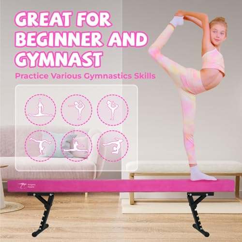 Kangaroo Hoppers Balance Beam for Kids Ages 6-12, Adjustable & Foldable Gymnastics Beam, High and Low Floor Beam, Beginners and Professionals Home Training Equipment with Anti-Slip Foot, 8FT, Pink