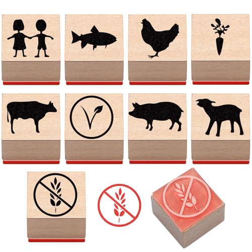 Marspark 9 Pcs Menu Rubber Stamp Set Small Mini Food Choice Carrot Chicken Cow Fish Beef Pig Lamb Gluten Free Stamp for Scrapbooking Card Making Planner