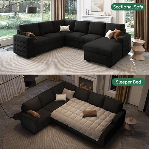 image for HONBAY Sectional Sleeper Sofa Pull Out Bed with Storage Chaise, Velvet