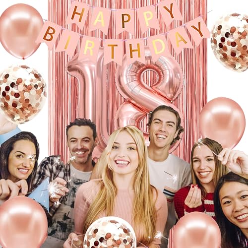 Image of 18th Birthday Decorations for Girls,rose gold happy birthday banner,happy 18th birthday Backdrop, it's my 18th Birthday Sash, Sweet Rhinestone Tiara Crown,18th Balloons, Rose Gold