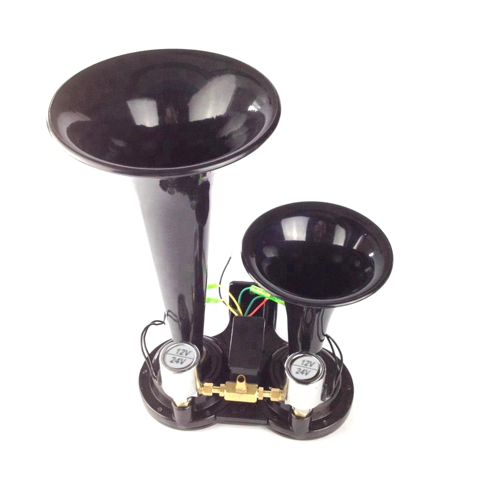 Klaxon à Air Double Trompe Noir 12V 24V 170dB Supert Fort Pneumatique Pour Camion Train TGV Bateau Tracteur