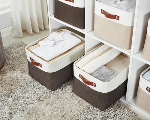 Image of DECOMOMO Storage Bins, Large Fabric Storage Baskets for Shelves, Decorative Linen Closet Organizer, 15 x 11 x 9.5 inches (Brown & White, 3 Pack)
