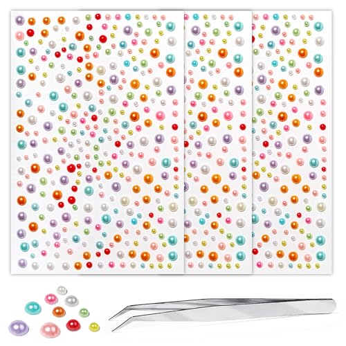 Self Adhesive Face Gems and Pearls for Makeup, Festival Jewels, Hair Gems, Rhinestone Stickers for Face, Eye, Makeup, Nail, Body, Crafts 3/4/5/6 mm 975Pcs (19.Pearl_Color)