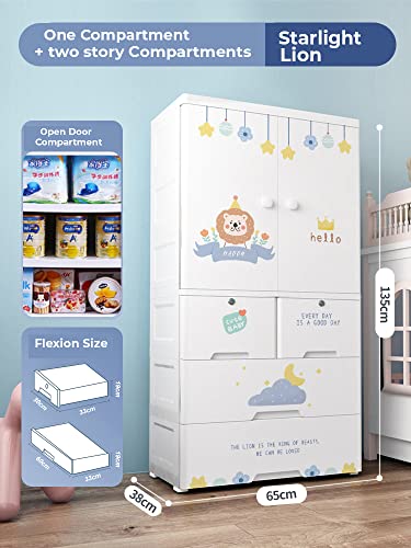 Image of StarAndDaisy Kids Wardrobe, Storage Cabinet for Kids Room, Portable Almirah with Drawers & Convertible Design, Star Lion Print, (H-135cm x W-65cm x D-38cm)