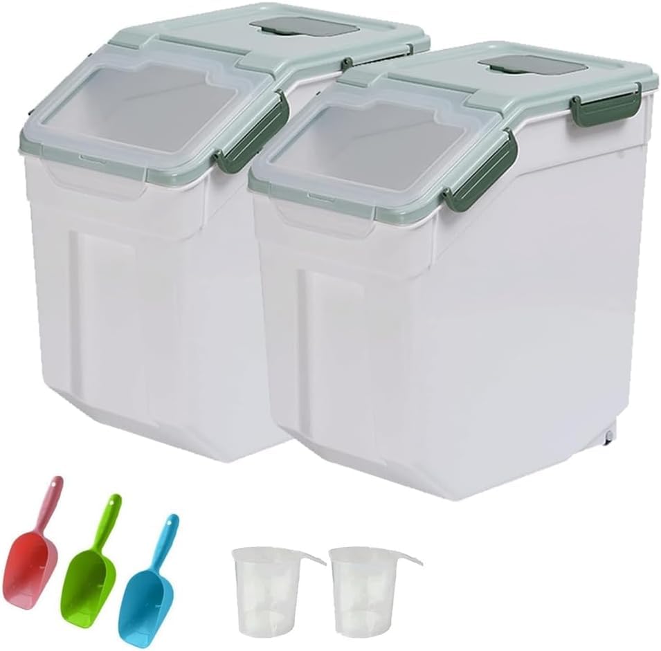 RUIAN Large Airtight Storage Container, 25lb Flour Rice Storage Containers Bin with Wheels Seal Locking Lid, with Measuring Cup&Scoop for Flour, Rice, Grain (Green, 2PCS)
