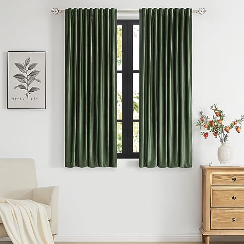 Image of PRIMROSE Emerald Olive Green Velvet Curtains 63 inch Long for Living Room,Set of 2 Panels Blackout Rod Pocket Back Tab Window Treatment Room Darkening Heavy Decorative Curtains Drapes for Bedroom