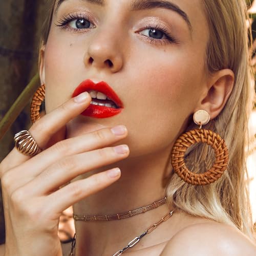 Aclokoo 4 Pairs Handmade Raffia Rattan Bohemian Round Drop Dangle Earrings For Women thumb #4