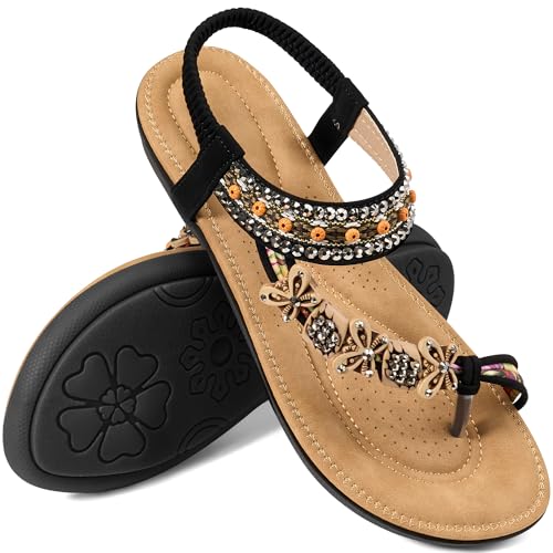 Image of Ablanczoom Flat Sandals for Women Summer: Casual Boho Beaded Toe Ring Dress Shoes - Comfortable Vacation Daily Walking Shoes