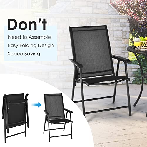 Image of Giantex Set of 2 Patio Folding Chairs, Portable Outdoor Dining Chairs with Armrest for Porch Camping Pool Beach Deck Lawn Garden, Metal Frame, Black